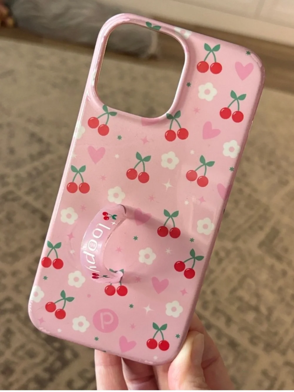 Loopy Case Pink Cherry Print iPhone Case with Matching Pouch